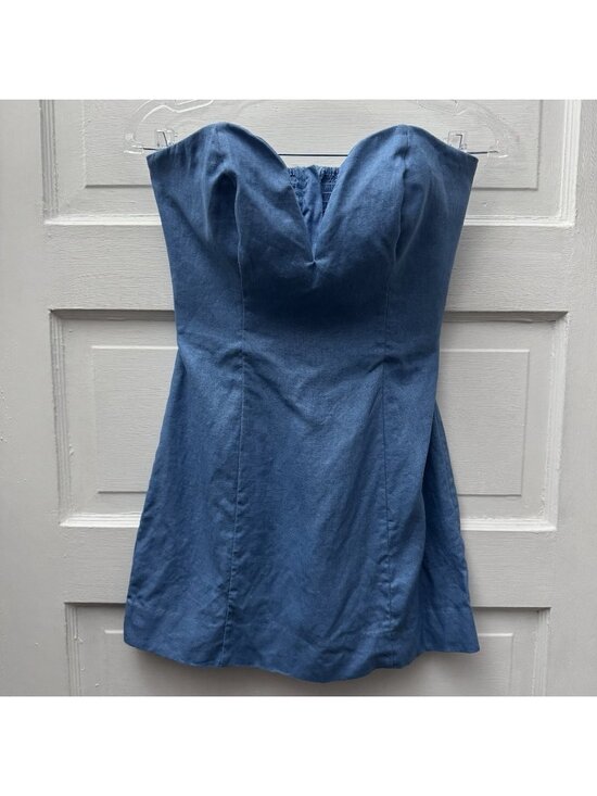 Reformation Dresses & Skirts - Reformation Strapless Linen Mini Dress Blue Sweetheart Neck Women’s 0